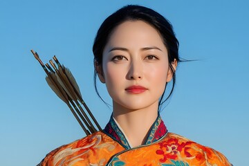 Asian female archer in traditional clothing with quiver and arrows, blue sky background, cultural warrior concept, confident expression, portrait format, outdoor setting

