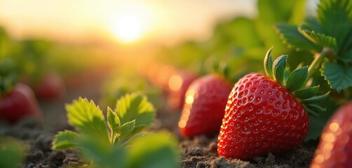 Rich strawberry field at sunset. Red ripe berries on farm. Fresh organic harvest, eco farming, food, diet, vitamin, agriculture, farming, sunlight, seasonal.