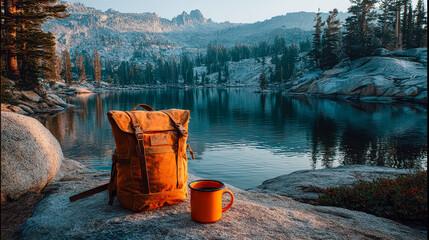Explore the tranquility of a peaceful lakeside sunrise with a trusty backpack and warm coffee in the wilderness