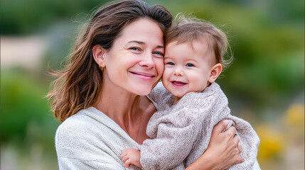 Joyful mother and toddler sharing a warm embrace in a serene outdoor setting during golden hour sunshine