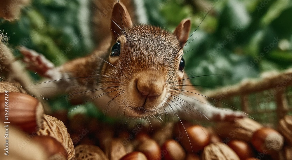 Poster close-up of squirrel surrounded by nuts, representing wildlife conservation and autumnal abundance f