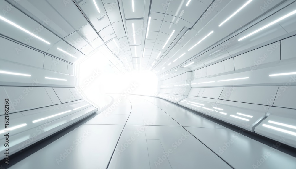 Poster Futuristic tunnel. White hi-tech interior with bright light at end. Digital space corridor with modern design. Abstract tech background. Concept of future, sci-fi, innovation, technology.