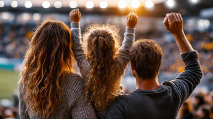 Family cheers together in excitement during a match at a vibrant stadium on a sunny evening