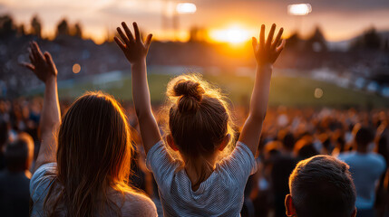 Crowd celebrates at sunset during exciting sports match in vibrant stadium atmosphere filled with joy and enthusiasm