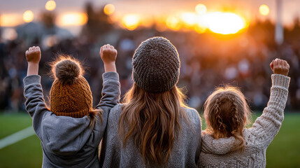 Cheering at dusk with family during an exciting soccer match under a vibrant sunset