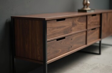 Modern wooden sideboard cabinet against grey wall. Interior design, Scandinavian style. Contemporary apartment, home decor. Functional storage, drawers, living room furniture. Home staging with