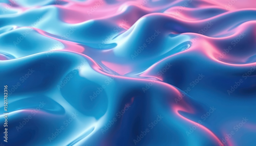 Poster abstract 3d render of flowing wavy shiny blue, pink liquid latex texture background. modern digital 