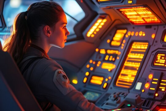 Close-up of a female pilot focused on glowing control panels within a futuristic spaceship cockpit, creating an atmosphere of exploration and adventure in high resolution
