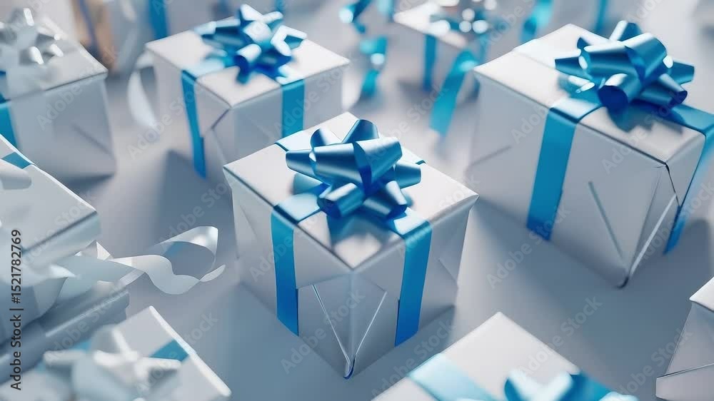 Wall mural row of white boxes with blue bows on top of them. the boxes are all different sizes and are arranged