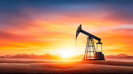 Oil rig pumps under a breathtaking sunset in a vibrant sky over a distant mountain range