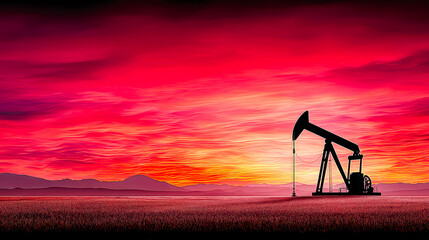 Vibrant sunset illuminates oil pump against colorful sky in serene countryside landscape