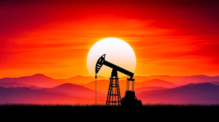 Silhouette of an oil pump jack against a vibrant sunset in the mountains, evoking a sense of energy and nature