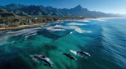 Fototapeta premium Aerial View of Dolphins Swimming in Turquoise Ocean Near Tropical Coastline, Promoting Ecotourism and Marine Conservation Awareness : Generative AI