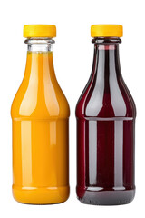 Two glass bottles with yellow and dark red liquids, transparent background. Studio shot, close up view of vibrant colors. Bright, clear image of bottled beverages.