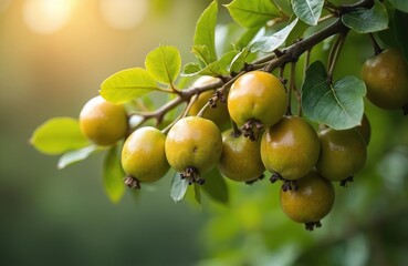 Ripe medlar fruits on tree branch. Green leaves, sunny day. Healthy natural food, sweet taste. Autumn harvest. Loquat, japanese medlar fruit, rich in vitamins.