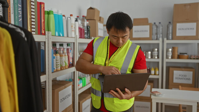 Young man in a bright vest organizing items on shelves in a donation center, focusing on efficient storage solutions with a digital tablet in hand.