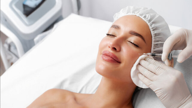 Panorama shot of cosmetologist making rejuvenating anti wrinkle injections on young woman's face, free space, banner