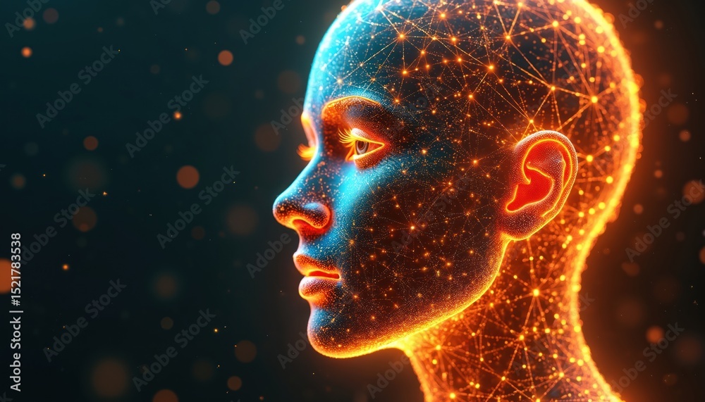 Poster Digital human head with glowing neural network, concept of artificial intelligence, machine learning. AI face with light. Cyberpunk design. Futuristic tech innovation. Brain technology for digital