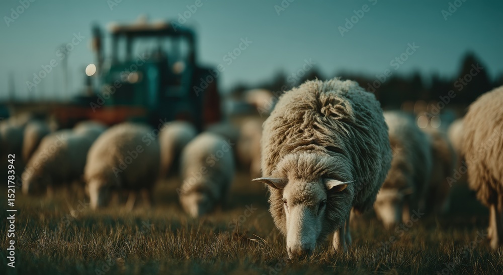 Poster flock of sheep grazing in a field at dusk with tractor in background, illustrating sustainable farmi