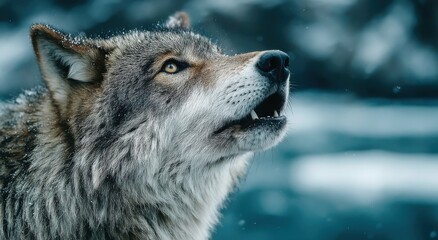 Fototapeta premium Close-Up of a Gray Wolf Howling in the Snow, Symbolizing Wilderness and Wildlife Conservation Efforts, Perfect for Nature Documentaries and Environmental Awareness Campaigns : Generative AI