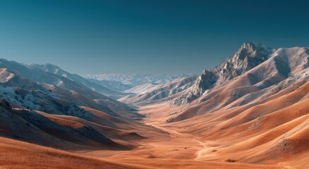 Naklejka premium Scenic Mountain Valley Landscape Under Clear Blue Sky, Showcasing Nature's Majesty and Environmental Conservation : Generative AI