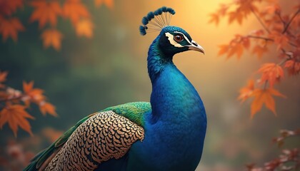 Obraz premium Photorealistic illustration of peacock in vivid colors. Blue, green feathers, detailed head, eye. Autumn leaves frame bird, creates harmony. Ideal for nature lovers, art buyers.