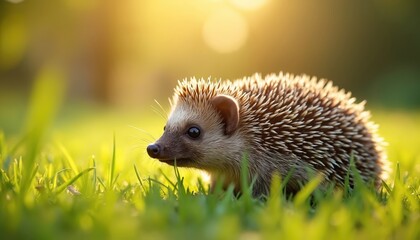 Charming hedgehog in sunlit grass, spiky back bathed warm light. Cute mammal, adorable creature enjoys morning dew on sunny day in nature. Tranquil moment in peaceful garden, wildlife habitat.