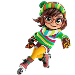 Cheerful Cartoon Girl Roller Skating in Colorful Winter Outfit