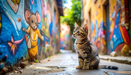 An AI generated image of a cute kitten looking at graffiti artwork of a mouse in an alley