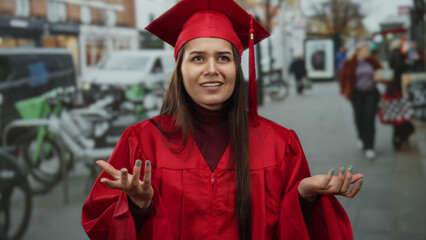 Woman in red cap and gown standing outdoors on a busy street with a thoughtful expression in a...