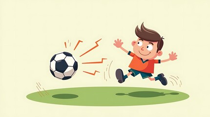 Obraz premium Happy cartoon footballer in action pose kicking ball with motion streak clip art