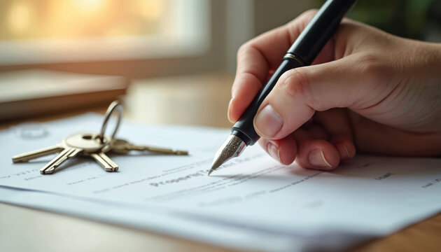 Hand holding pen signs property transfer document. House keys lie on table. Property purchase, real estate, house sale, mortgage loan. New home agreement. Legal documents, contract signing.