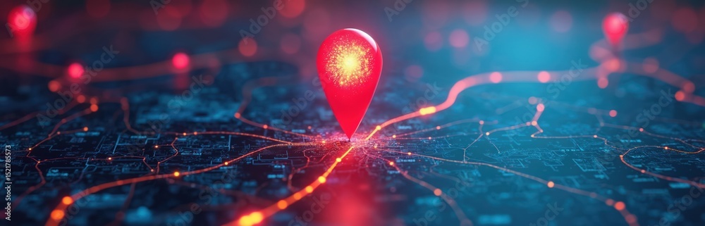 Aufkleber Digital map with red pin marking location. Navigation system concept with data visualization and tech elements. Futuristic illustration shows GPS, travel, search, find destination.