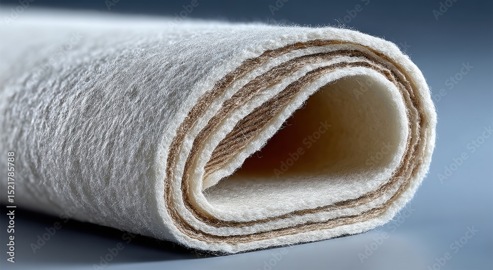Aufkleber rolled up layered white felt material, showcasing texture and industrial manufacturing processes for