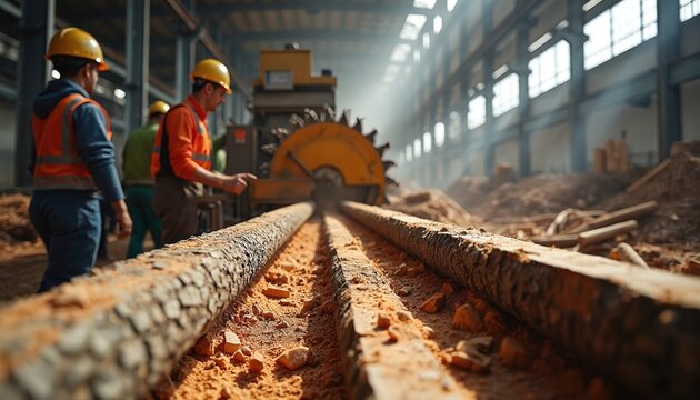 Sawmill with men processing timber logs. Industrial wood production, factory machinery, construction site. Sawdust, material building, renewable resources. Lumbering industry, industrial equipment,