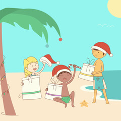 Three children celebrating Christmas Eve on the beach, holding gifts, wearing swimwear and santa hats