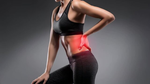 Woman experiencing lower back pain with discomfort radiating to legs, suggesting possible sciatica condition	