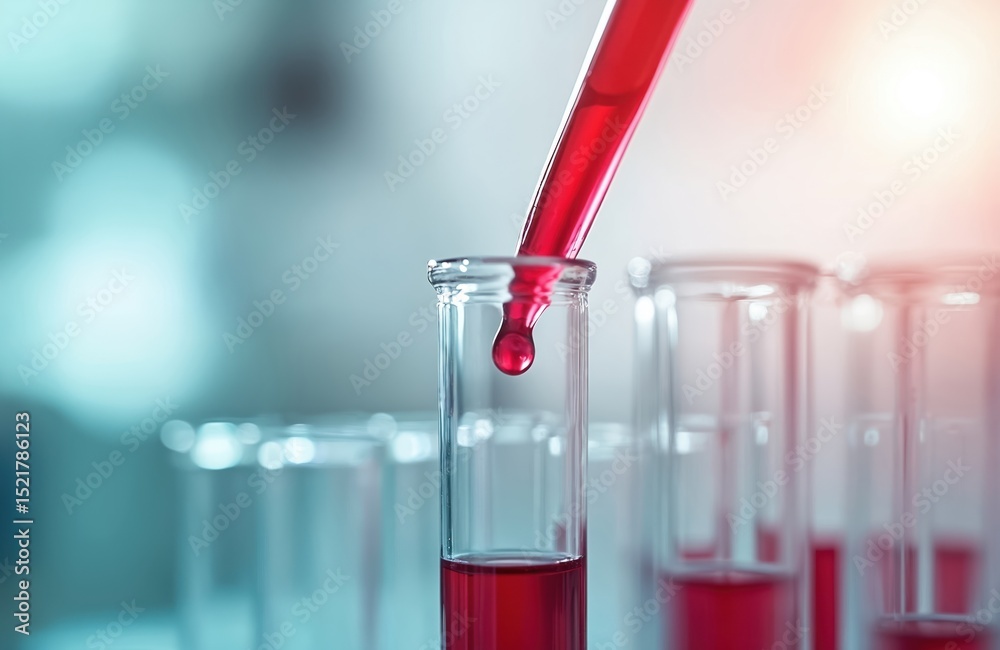 Poster Close-up of pipette dispensing red liquid into laboratory test tube. Science experiment in progress. Chemistry research with reagents and glassware. Medical analysis, healthcare, pharmaceutical tech.