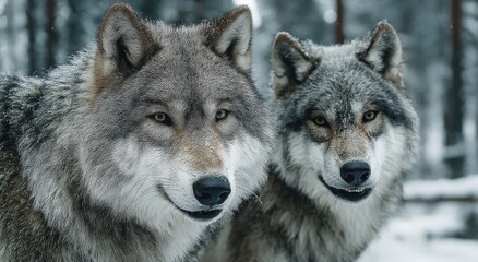 Fototapeta premium Two Wolves in Snowy Forest, Symbolizing Wildlife Conservation and Ecosystem Balance, Ideal for Nature Education and Environmental Awareness Campaigns : Generative AI