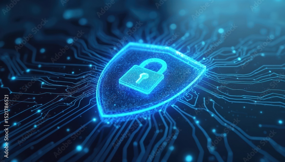 Aufkleber Blue shield logo with lock symbol on hi-tech cybersecurity interface. Artificial intelligence network digital data protection. Concept of safety, hi-tech innovation, secure access, data encryption,