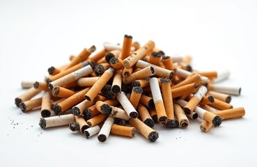 Pile of cigarette butts isolated on white background. Ash, tobacco remainders show unhealthy habit, risk. Smoking, addiction, bad habit, health risk. Toxic, danger, stop smoking campaign.
