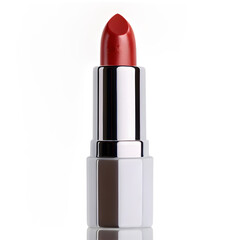 Obraz premium Red lipstick close-up, cosmetic beauty. A detailed shot of a vibrant red lipstick in a sleek, white and silver tube. The focus is on the rich color and smooth texture of the makeup product.