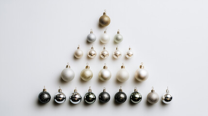 Christmas hanging ornaments arranged in the shape of a tree, clean background 