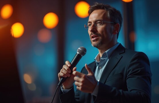 Confident business leader gives speech, presentation. Man with microphone, stylish suit in front of background with bokeh lights. Public speaking, conference, webinar, business event. Professional