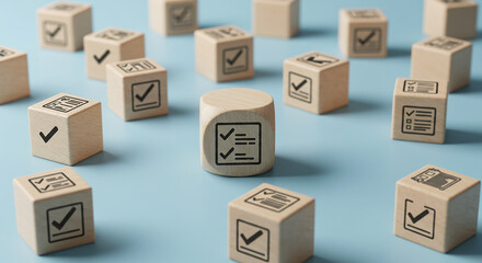 Wooden blocks with check marks and checklist icons scattered on a blue surface in a pattern