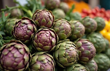 Obraz premium Fresh artichokes on market stall. Organic Italian food, fresh produce, seasonal product. Healthy, vegetarian food. Ingredients for gourmet dishes. Raw vegetables, ingredient for spring summer