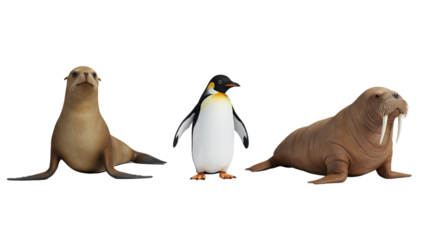 A playful sea lion a dignified penguin and a wise walrus pose side by side showcasing the on transparent background
