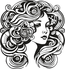 Outline illustration of a woman's face in ealry 1900s art nouveau style with elaborate hair ornaments and curls.