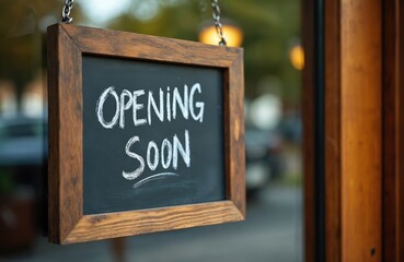 Shop sign announces opening soon. Handwritten text on black chalkboard, vintage wooden frame hangs in shop window. New business, small business welcome potential clients.