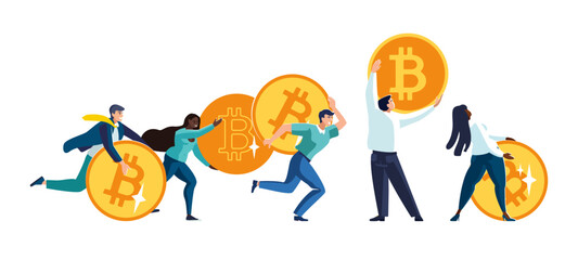 Vector illustration. International business people carrying bitcoin cryptocurrency market investment, Europeans and Africans, African Americans. Gold coins, businessmen, girls. Business for financing